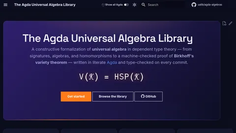 The front page of the Agda Universal Algebra Library's documentation site, headed with Birkhoff's variety theorem.