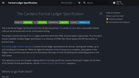 The front page of the Cardano formal ledger specification site, headed by the row of build, CI and property-test badges it carries.