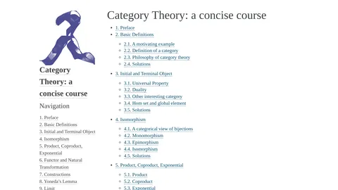 The front page of the online course Category Theory: a concise course, showing its table of contents.